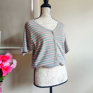 Vintage 80s Rainbow Striped Ribbed Knit V-Neck Short Sleeve T-Shirt Top 14/16 XL